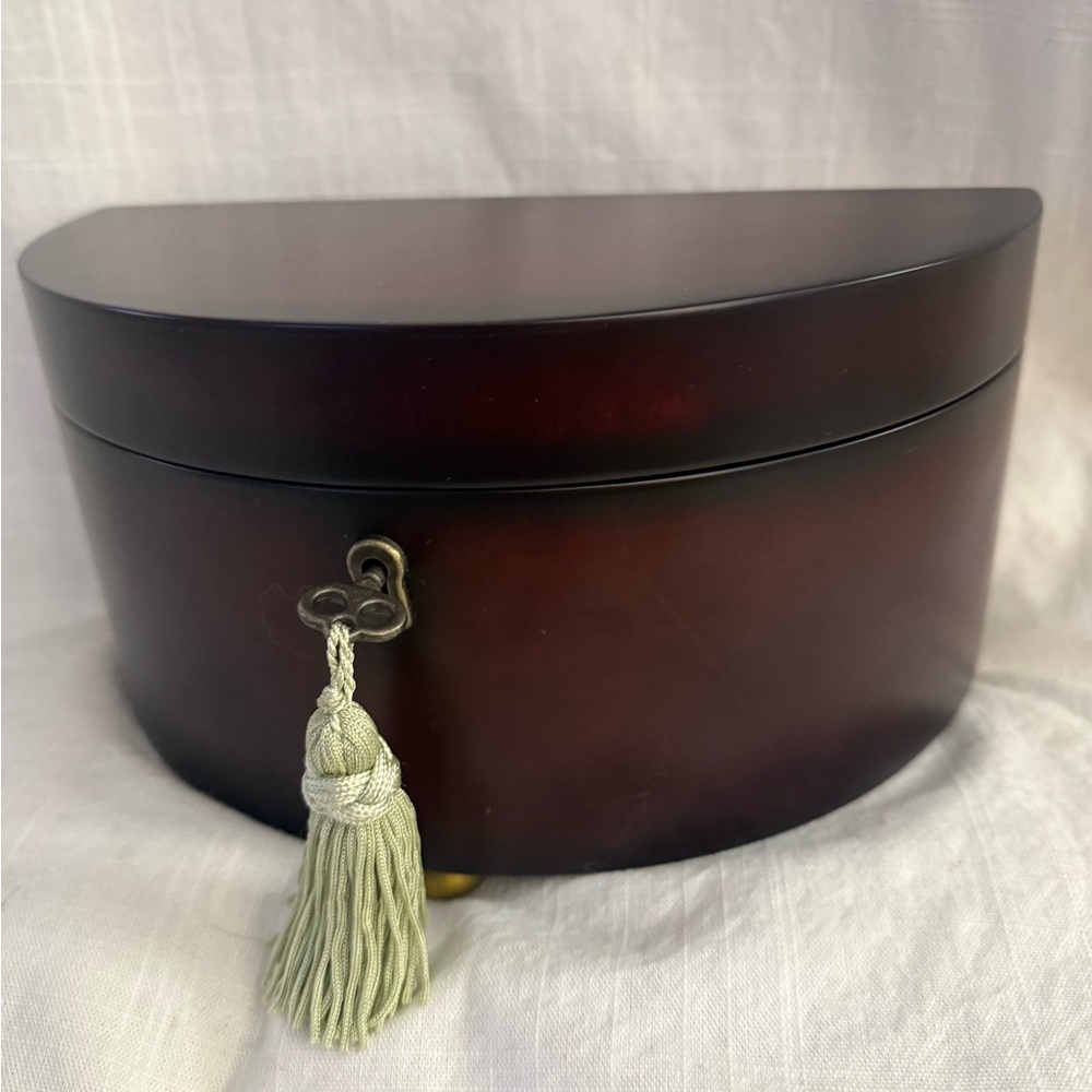 Vintage Bombay Company Demi-Lune Jewelry Box 2000 with working lock, key, tassel